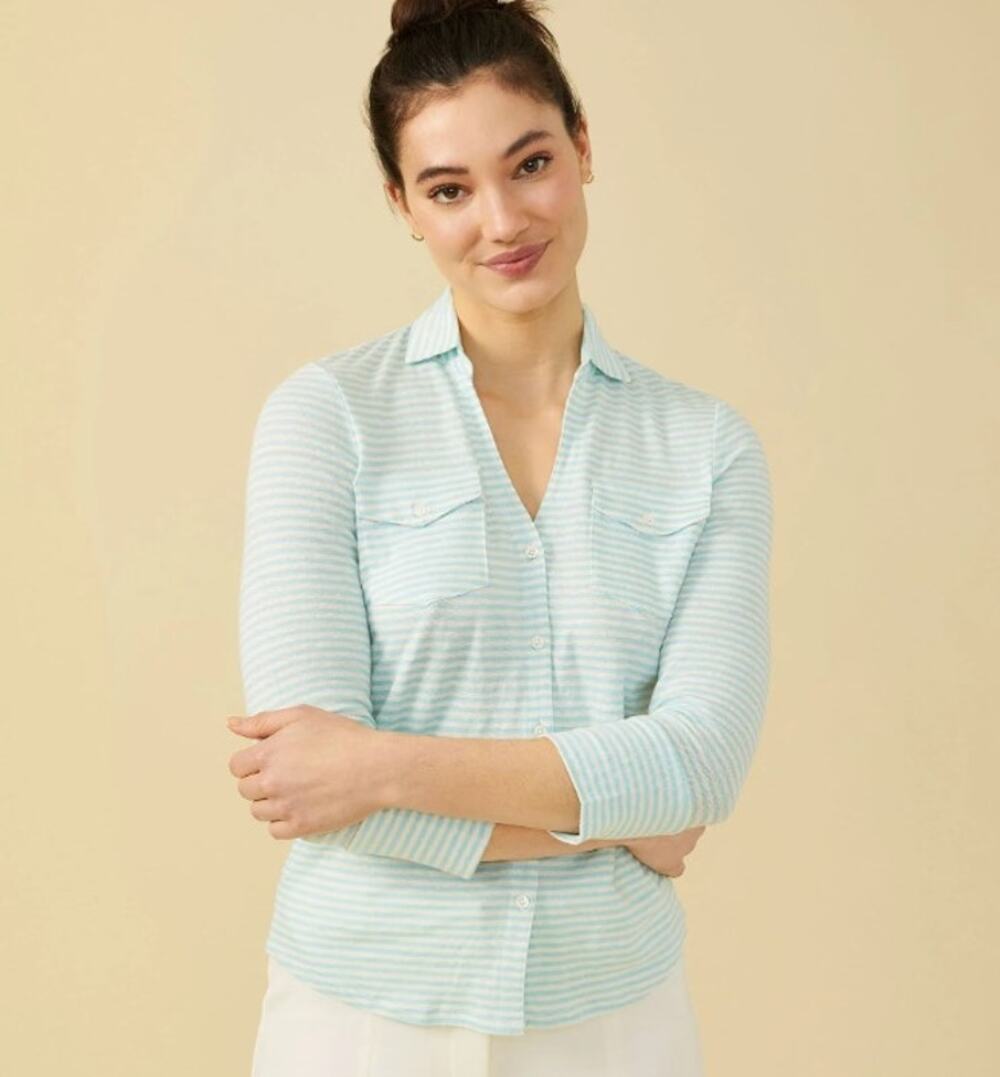 J McLaughlin Brynn Linen Shirt Small Knit Aqua White Stripe Button Down Top